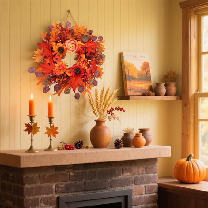 24" Fall Wreath for Front Door Outside - Sunflower, Pumpkin, Berry & Maple Leaves | Weatherproof Autumn Outdoor Wreaths with Hanger Hook for Thanksgiving, Harvest-Ruum Studio Home