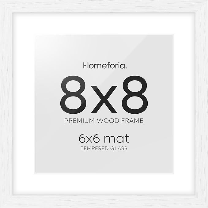 Homeforia 8x8 Picture Frames White, High-End Oak 8 x 8 Square Wood Frame with Mat 6 by 6 Photo, 8x8 Wooden Frames Matted to 6x6 Print, 8by8 Wall or Tabletop Frame, Tempered Glass, Wall Kit, Set of 1-Ruum Studio Home