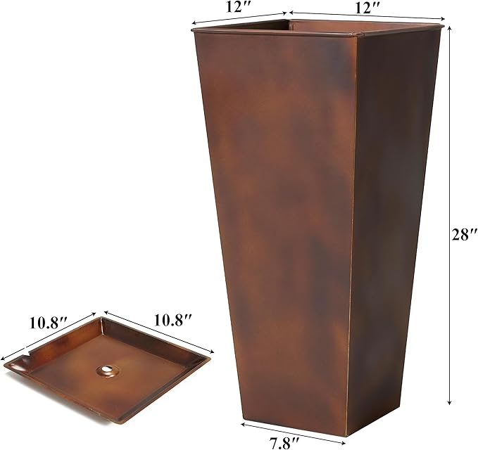 Worth Garden 12" Dia x 28" H Large Metal Planter Set of 2, Matte Bronze Retro Finish Tall Square Tapered Steel Plant Pots, Decor Flower Pots Indoor & Outdoor, Drainage Hole & Dual-Purpose Plant Saucer-Ruum Studio Home