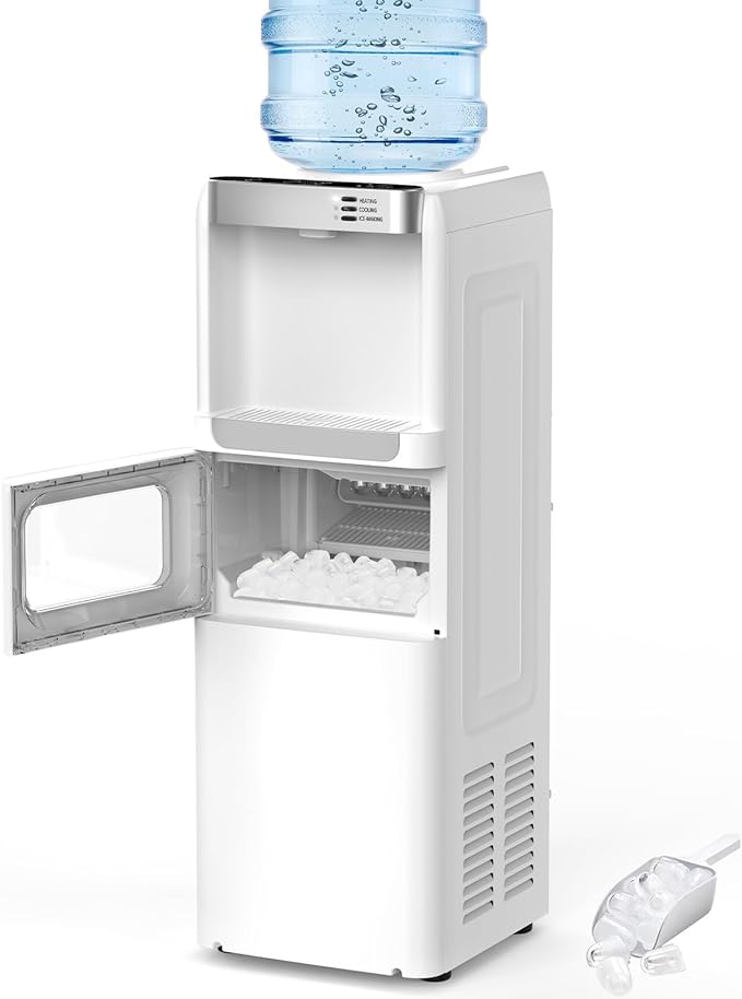COWSAR 3-in-1 Water Cooler with Ice Maker, Hot & Cold Top Loading, Water Dispenser for 5 Gallon Bottle, 33LBS/24H Ice Maker with Child Safety Lock, White-Ruum Studio Home