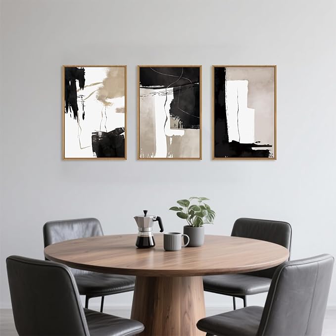 Black White Brown Framed Canvas Wall Art Set, Neutral Geometric Wall Decor, Modern Abstract Wall Painting, Minimalist Artworks for Living Room, Bedroom, Dining Room, Office - 16"x24"x3-Ruum Studio Home