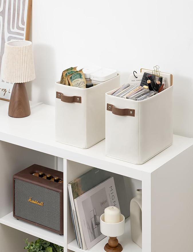 StorageWorks Narrow Storage Bins, Small Basket for Closet and Shelves, Rectangular Fabric Organizer with Handles, Toilet Paper Storage, Beige, 2-Pack-Ruum Studio Home