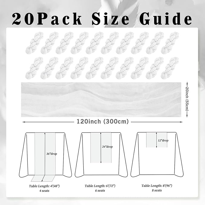 10FT 20 Pack White Cheesecloth Table Runner 20 x 120 Inch Long Rustic Gauze Cheese Cloth Table Runner for Wedding Bridal Baby Shower Table Decorations Boho Fabric Sheer Birthday Party Table Decor-Ruum Studio Home