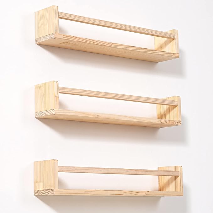 AZSKY Nursery Book Shelves 24 Inch Rustic Natural Wood Floating Shelves,Wall Book Shelves for Farmhouse,Bathroom Décor,Kitchen Spice Rack or Book Shelf Organizer for Home Décor,a Set of 3 Same Sizes-Ruum Studio Home