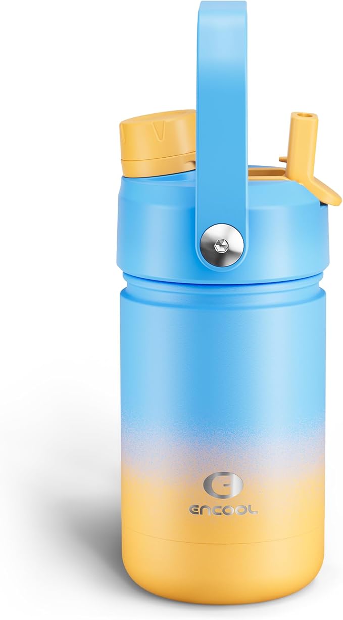 Kids Insualated Water Bottle with Straw - 12oz Stainless Steel Water Bottle with Dual Spouts, Leak-Proof, BPA-Free, Double Wall Vacuum Keeps Cold for 24 Hours for Sports, Travel, School (Sunny Breeze)-Ruum Studio Home