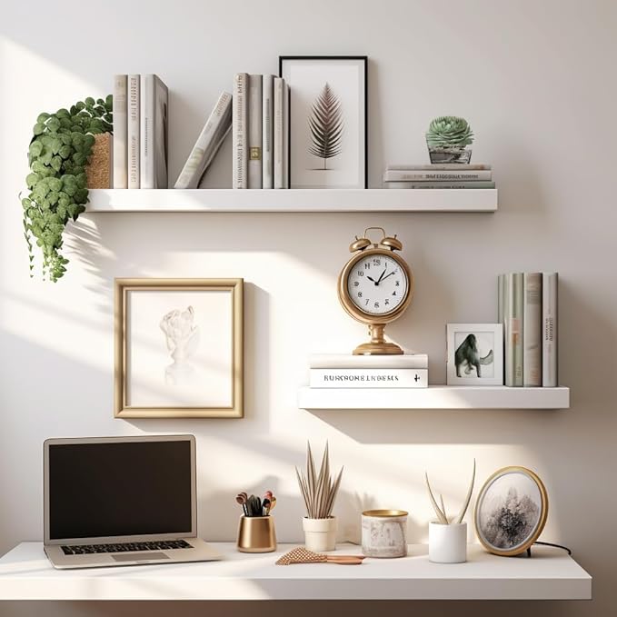 LaVie Home Floating Shelves, 24 Inch Wall Shelf Set of 2, Hanging Shelf with Invisible Brackets, Wall Decor for Bathroom, Bedroom, Living Room, Kitchen Storage, Modern White-Ruum Studio Home