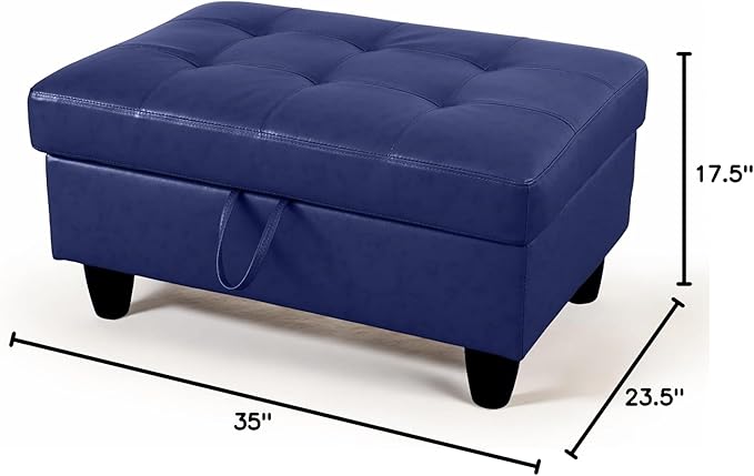 Ottoman Rectangular Storage Ottoman Bench, Faux Leather Footrest, Coffee Table, Stool Footstool with Hinged Lid for Living Room, Bedroom, Entryway, Blue, 35"x23.5"x17.5"-Ruum Studio Home
