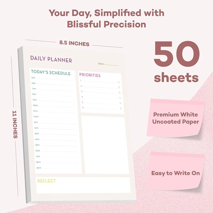 Bliss Collections Daily Planning Pad, To Do List Notebook - Undated Tear-Off Sheets Notepad - Work Calendar, Organizer, Scheduler for Goals, Tasks - Daily Planner (Bright), 8.5" x 11", 50 Sheets-Ruum Studio Home