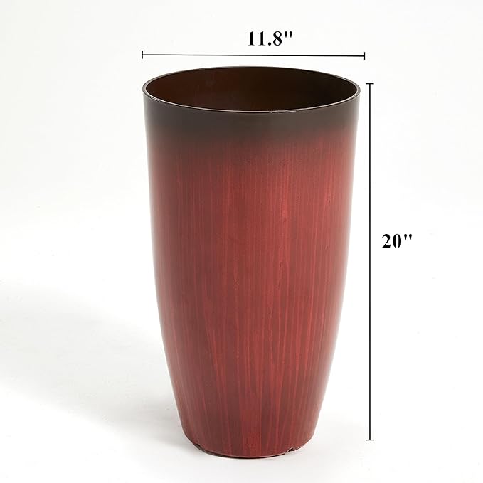 Worth Garden 20" H. Plastic Planters - Set of 2 Gradient Red Glossy Smooth Finish - Tall Plant Pots Drain Hole for Indoor Outdoor Use - Decorative Lightweight Flower Pots for Front Porch, Patio, Deck-Ruum Studio Home