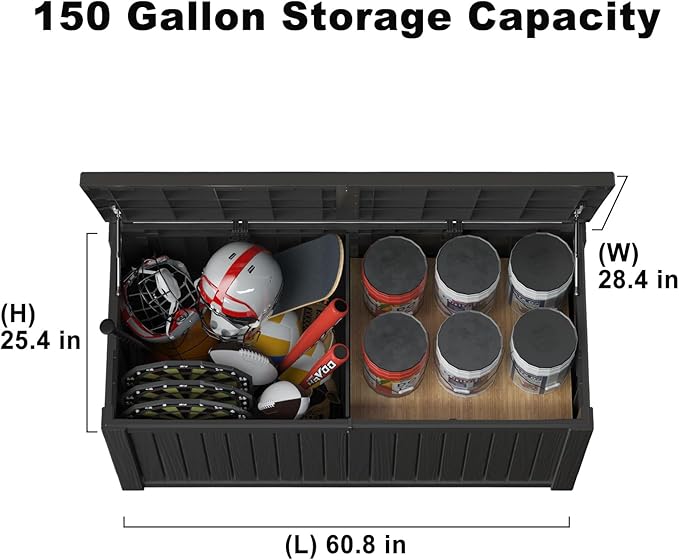 Vixzen 150 Gallon Resin Deck Box, Lockable Outdoor Storage Box for Patio Cushions Storage Furniture,Garden Tools, Pool Supplies, Weatherproof and UV Resistant- Black-Ruum Studio Home