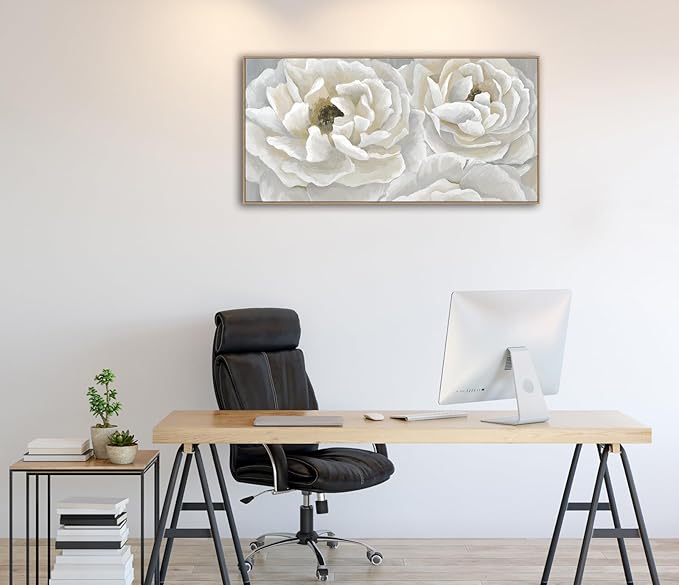arteWOODS Cream White Flowers Framed Wall Art - Soft Peony Pictures for Wall Decor Elegant Blossom Flower Painting Artwork Botanical Prints for Living Room Home Office Wall Decoration 20" x 40"-Ruum Studio Home