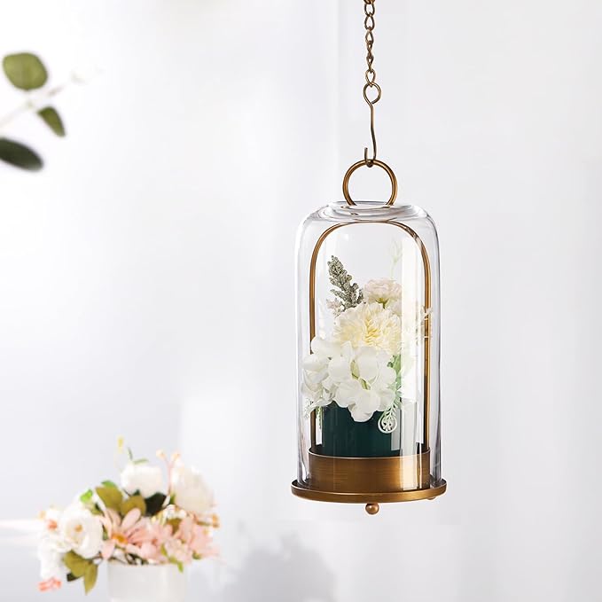 12" High Versatile Modern Metal Hurricane Lantern with Handmade Sturdy Glass Dome for 3" Pillar Candle & Plants (Brass, 5"x12")-Ruum Studio Home