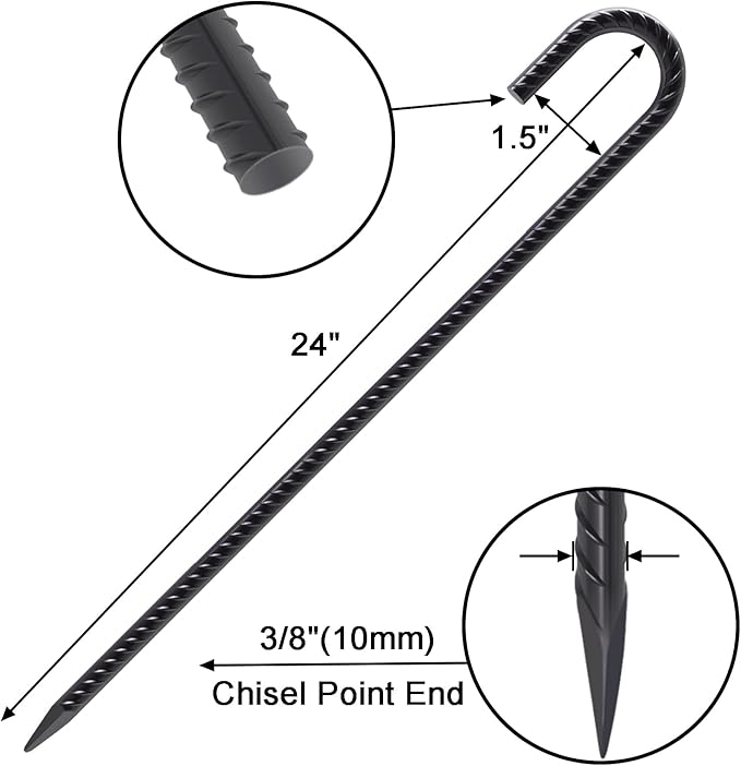 VVOKGO Rebar Stakes 24 Inch J Hook Heavy Duty Ground Anchors (32pcs), 3/8 Inch Diameter Metal Steel Extra Long Fence Stakes with Chisel Point End for Greenhouse, Gazebo, Carport, Camping Tents, Black-Ruum Studio Home