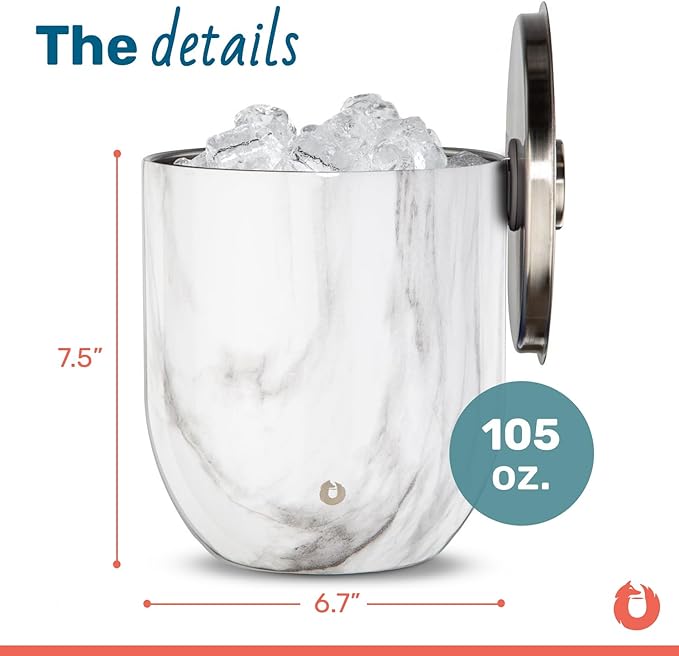 SNOWFOX Premium Vacuum Insulated Stainless Steel Ice Bucket with Lid/Tongs, Non-Rubber Bottom, Home Bar Accessories, Bartending Ice Buckets for Parties, Outdoor Entertaining Supplies, 3L, Marble-Ruum Studio Home