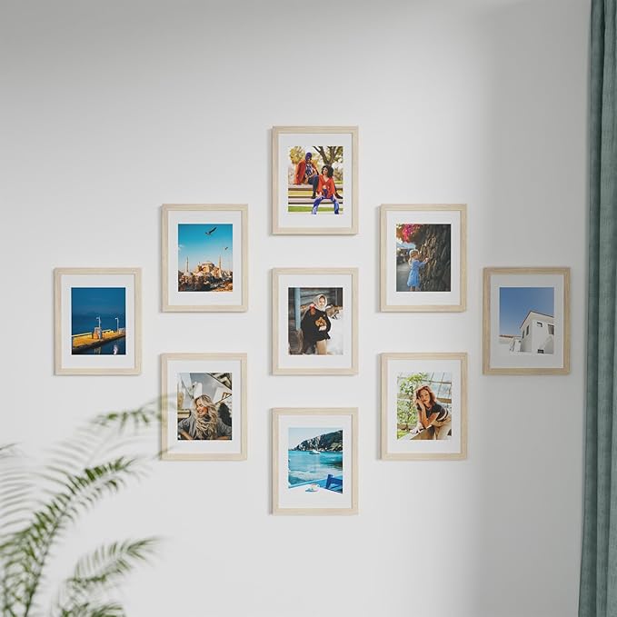 Vittanly 11x14 Picture Frames Set of 9, Shatter Resistant Plexiglass, Display 8x10 Pictures with Mat or 11x14 without Mat, Photo Frames for Wall or Tabletop, Engineered Wood, OAK-Ruum Studio Home
