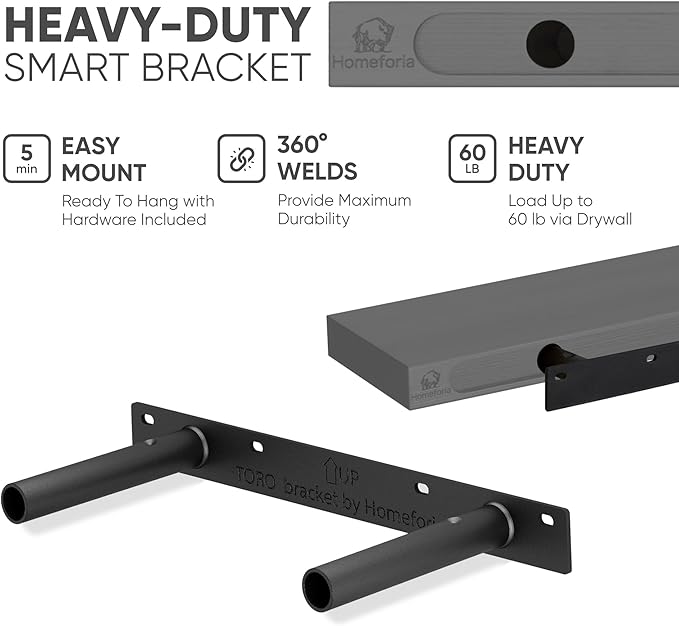 Homeforia Gray Floating Bathroom Shelves, High End Solid Real Wood 16 inch Small Floating Shelf for Wall Mounted, Grey Wooden 16 in Floating Shelves, Heavy Duty Bracket, 16 X 6.5 X 1.75 inch, Set of 2-Ruum Studio Home