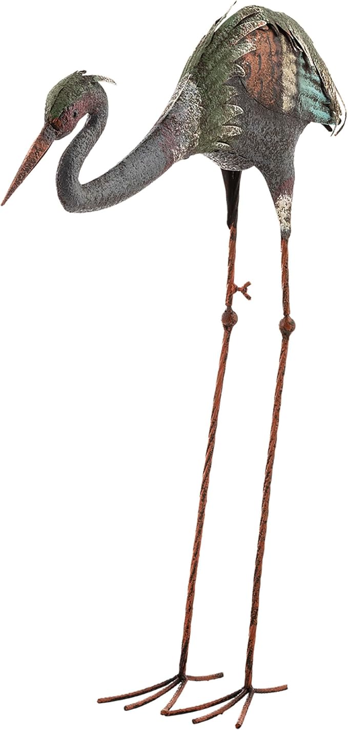 Alpine Corporation 30" Tall Outdoor Rustic Metal Bowing Crane Statue Yard Art Decoration-Ruum Studio Home