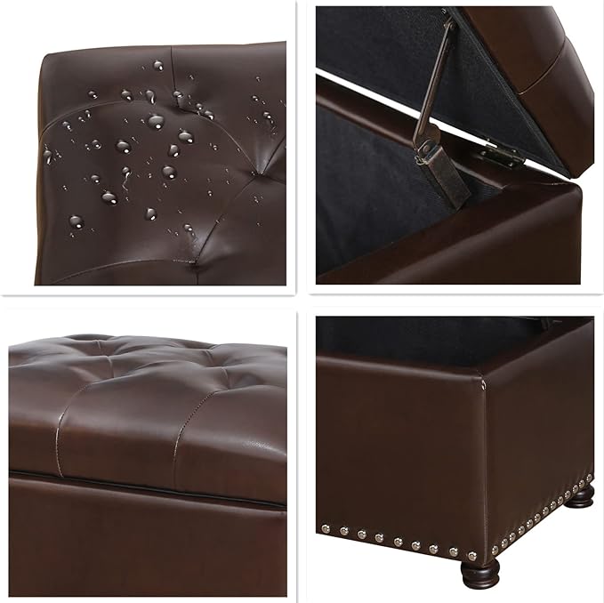 24'' Leather Storage Ottoman Rectangular Foot Rest Stool with Nailhead Trim for Bedroom Living Room(Dark Brown)-Ruum Studio Home