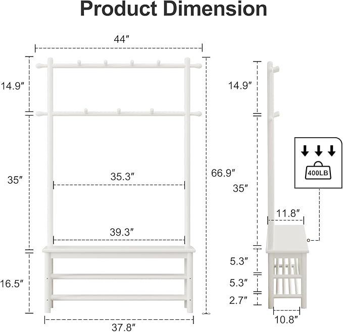 Coat Rack with Shoe Storage, Wooden Hall Tree with Bench, 11 Hooks and 2-Tier Storage Shelves, 3-in-1, Entryway Bench with Coat Rack (39.3"-Deep White)-Ruum Studio Home