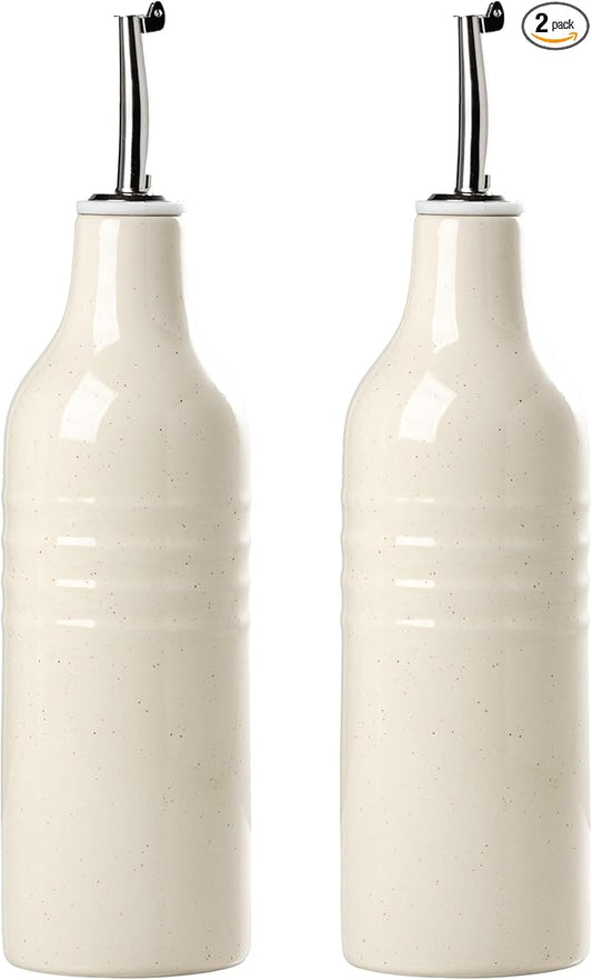famiware Jupiter 16oz Ceramic Olive Oil Dispenser Bottle, Olive Oil and Vinegar Dispenser Bottle Set of 2 with Stainless Steel Pourers, Suitable for Storage Vinegar, Liquids, Vanilla White-Ruum Studio Home