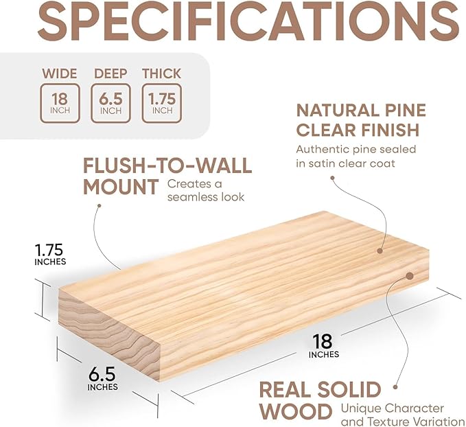 Homeforia 18 inch Natural Floating Shelf, High End Solid Real Wood 18inch Small Floating Shelves for Wall Mounted, Natural Wooden Floating Shelves, Heavy Duty Bracket, 18 X 6.5 X 1.75 in, Set of 2-Ruum Studio Home