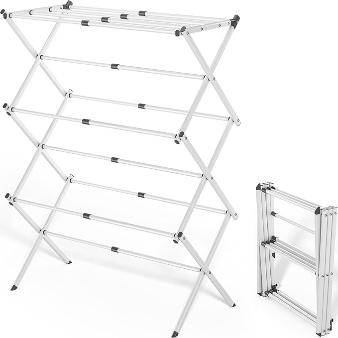 APEXCHASER Clothes Drying Rack, 3-Tier Laundry Drying Rack for Clothes, Expandable Metal Clothing Dryer, Collapsible Towel Rack, Air Drying Rack, White-Ruum Studio Home