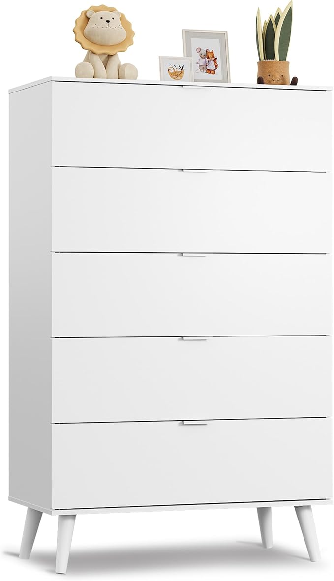 WLIVE 5 Drawer Dresser for Bedroom, Tall Wood Dresser, White Dressers Storage Organizer with Sturdy Metal Handle, Chest of Drawers for Living Room, Hallway, Closet-Ruum Studio Home