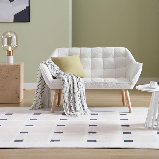 48" Small Loveseat Sofa, Modern Sherpa Mini Sofa Couch 2-Seater Fluffy Love Seat with Quilting Backs and Wood Legs for Living Room, Bedroom and Small Space, White-Ruum Studio Home
