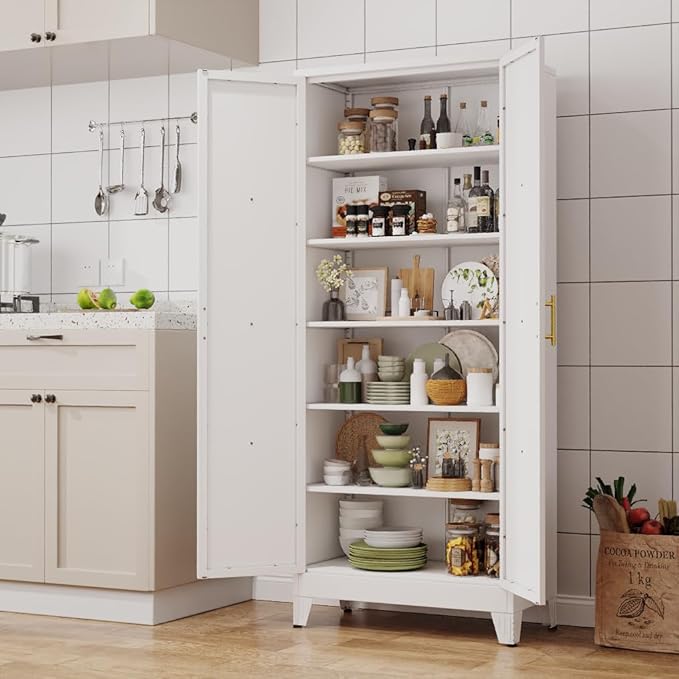 75" Tall Metal Kitchen Pantry Storage Cabinet, Freestanding Cupboard with 2 Doors and 5 Adjustable Shelves, Standing Storage for Kitchen, Bathroom, Garage, Dinning Room or Utility Room（White）-Ruum Studio Home