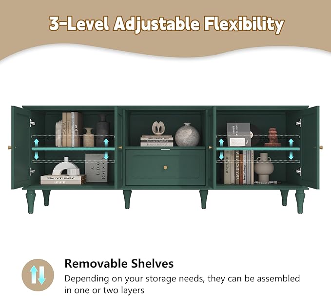 ARTPOWER 67'' Mid-Century Modern TV Stand with Storage Drawer and Doors, Long TV Stand with Adjustable Shelves for 75 Inch TV for Living Room, Bedroom, Green-Ruum Studio Home