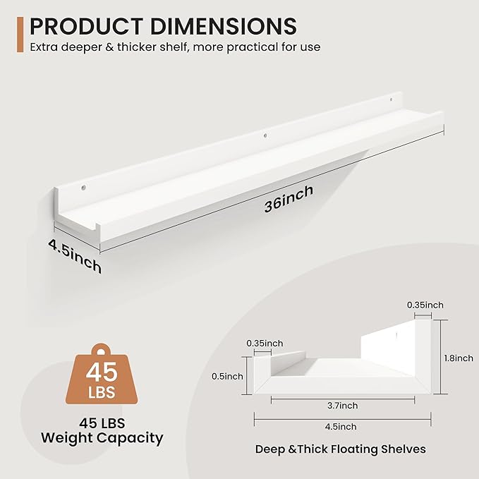 Fun Memories Picture Ledge Shelves Set of 2, 36 Inch Rustic Wall Mounted Floating Shelves with Lip for Home Storage and Décor in Bathroom, Kitchen, Nursery, Bedroom, Living Room, White-Ruum Studio Home