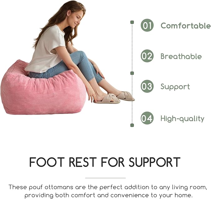 HIGOGOGO Square Stuffed Pouf Ottoman, Corduroy Poufs with Foam Chunk Filling, Furry and Fluffy Pouf Foot Stool Storage Ottoman, 21 X 21 Floor Poufs Foot Rest for Living Room, Pink-Ruum Studio Home