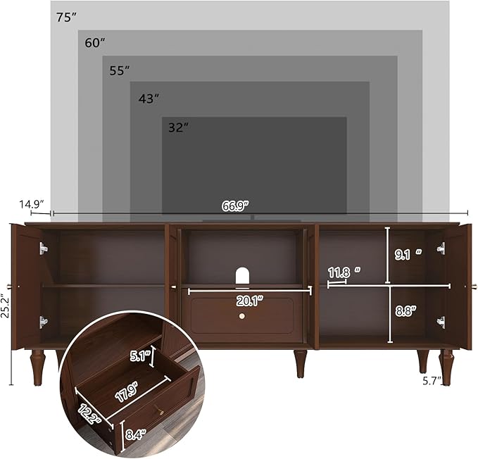 ARTPOWER 67'' Mid-Century Modern TV Stand with Storage Drawer and Doors, Long TV Stand with Adjustable Shelves for 75 Inch TV for Living Room, Bedroom, Brown-Ruum Studio Home