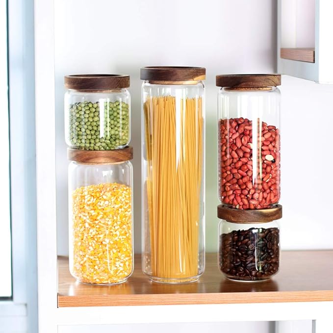 Glass Canisters Set of 5 for the kitchen, Glass Storage Container jars with Airtight Acacia Lid for Coffee Beans, Flour, Sugar, Rice and Spaghetti and etc-Ruum Studio Home