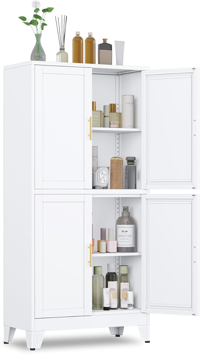 47.25" Metal Pantry Cabinet, Storage Cabinets with 4 Door and 2 Adjustable Shelves, White Bathroom Cabinet, Freestanding Cupboard for Kitchen Dining Living Room Bathroom-Ruum Studio Home