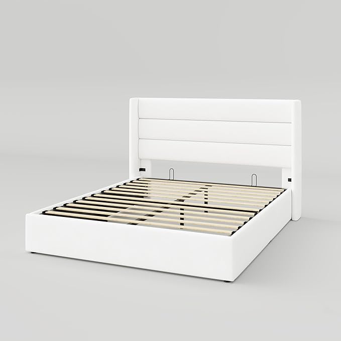 Allewie Full Size Velvet Lift Up Storage Bed, Modern Wingback Headboard, Hydraulic Support, No Box Spring Needed, White-Ruum Studio Home
