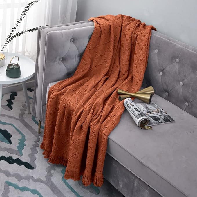 Simple&Opulence 100% Cotton Throw Blanket for Bed, Couch, Boho Luxury Geometric Woven Blanket with Tassels Soft Lightweight Cozy Breathable, Vintage Farmhouse Decoration for All-Season(Rust Orange)-Ruum Studio Home