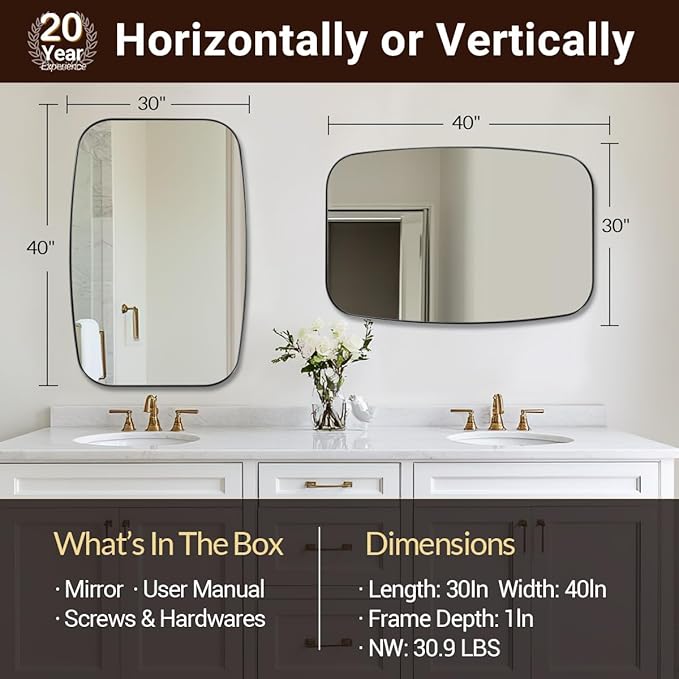 ANDY STAR Brushed Nickel Bathroom Mirror, 30x40” Oblong Mirror with Stainless Steel Metal Frame, Silver Oval Vanity Mirror for Over Sink, Modern Anti Rust Wall Mounted-Ruum Studio Home