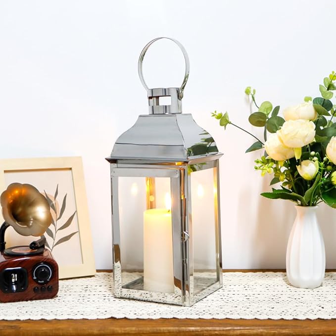 JHY DESIGN Silver Decorative Lanterns 12.5''High Stainless Steel Candle Lanterns with Tempered Glass for Indoor Outdoor Events Parities and Weddings Vintage Style Hanging Lamps-Ruum Studio Home