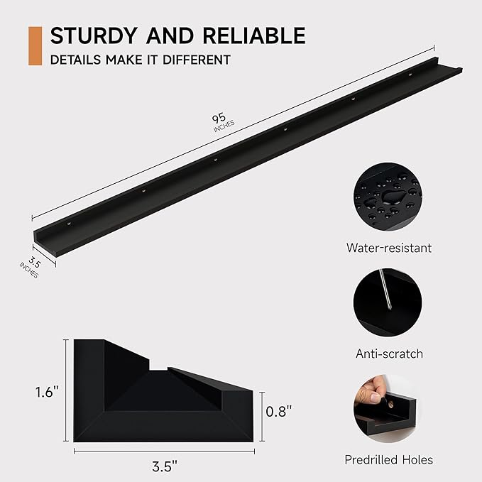 Floating Picture Ledge Shelves for Wall Set of 2, 95 Inches Picture Ledge Shelf with Long Large Nursery Book Shelf for Toys Storage Kids Bookshelf Wall Mounted Living Room Bedroom Decor Frames, Black-Ruum Studio Home