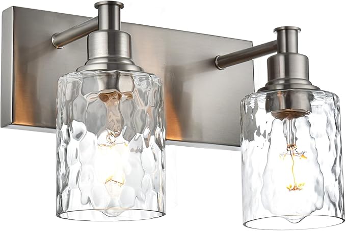 BONLICHT Modern Bathroom Light Fixtures in Brushed Nickel Finish, 2 Light Industrial Indoor Wall Sconce Farmhouse Vanity Lighting Over Mirror with Hammered Glass Contemporary Hallway Wall Mount Lamp-Ruum Studio Home