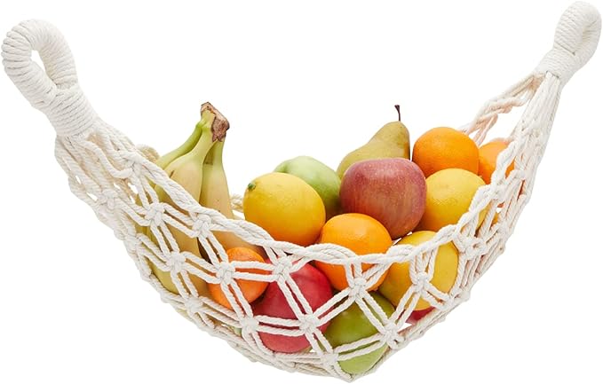 Okuna Outpost Macrame Hanging Fruit Basket Hammock for Kitchen - 6 x 25 x 15 in - White Cotton Modern - Under-Cabinet Storage with 2 Hooks for Bananas-Ruum Studio Home