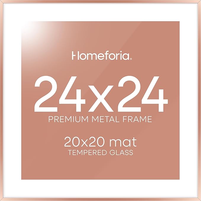 Homeforia 24x24 Picture Frame Rose Gold, High End Metal 24 x 24 Large Square Poster Frame with Mat 20 by 20 inch Photo, 24by24 Thin Frames Matted to 20x20 for Print, Tempered Glass, Wall Kit, Set of 1-Ruum Studio Home