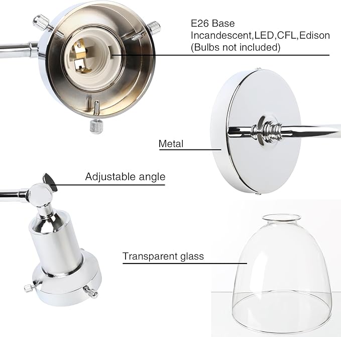 PERMO Industrial Vintage Wall Sconce Chrome Wall Sconce with 6.7" Oval Dome Clear Glass Shade Light Lamp Fixture-Ruum Studio Home