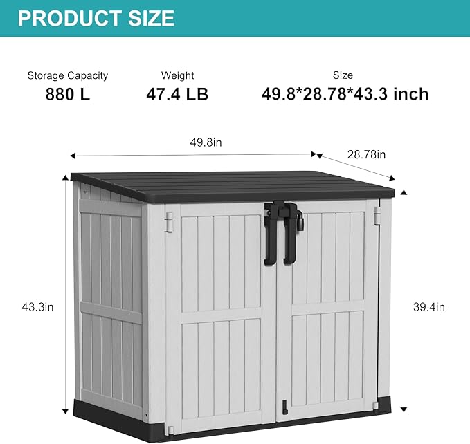 Vixzen 233 Gallon Larger Outdoor Deck Box,Lockable Resin Waterproof Storage Box,UV Resistant,Weather Resistance,Outside Storage Bin for Gardening Tools,Pool Supplies, Black and White-Ruum Studio Home