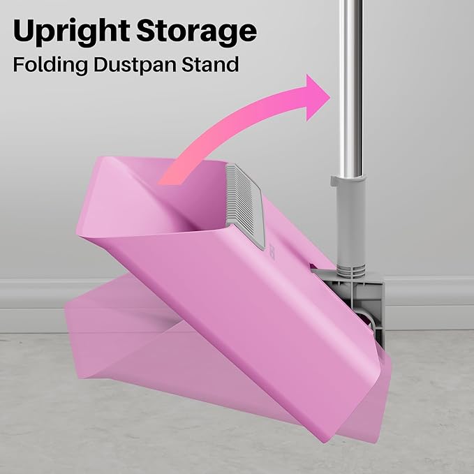 JOYMOOP Pink Broom and Dustpan Set with 56” Handle, Upright Angle with Built-in Comb Teeth for Hardwood Floors and Pet Hair-Ruum Studio Home