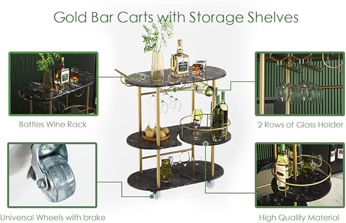 Black Bar Carts with 4-Tier Storage Shelves, Mobile Bar Serving Cart with Wine Rack and Glass Holder, for The Home, Kitchen, Living Room, Dining Room-Ruum Studio Home