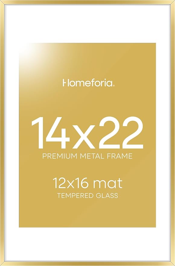 Homeforia 14x22 Picture Frame Gold, High End Metal 14x22 Poster Frames with Mat 12x16 Photo, 14 x 22 Gold Frames Matted to 12 by 16 Print, 22x14 Thin Hanging Frames, Tempered Glass, Wall Kit, Set of 1-Ruum Studio Home