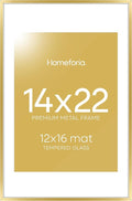Homeforia 14x22 Picture Frame Gold, High End Metal 14x22 Poster Frames with Mat 12x16 Photo, 14 x 22 Gold Frames Matted to 12 by 16 Print, 22x14 Thin Hanging Frames, Tempered Glass, Wall Kit, Set of 1-Ruum Studio Home