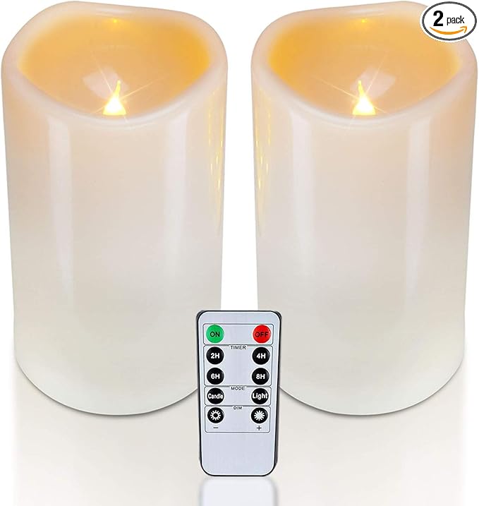 Homemory 4" x 6" Large Waterproof Outdoor Flameless Candles, Battery Operated Flickering LED Pillar Candles with Remote and Timers for Indoor Outdoor Lanterns, Long Lasting, Dark Ivory, Set of 2